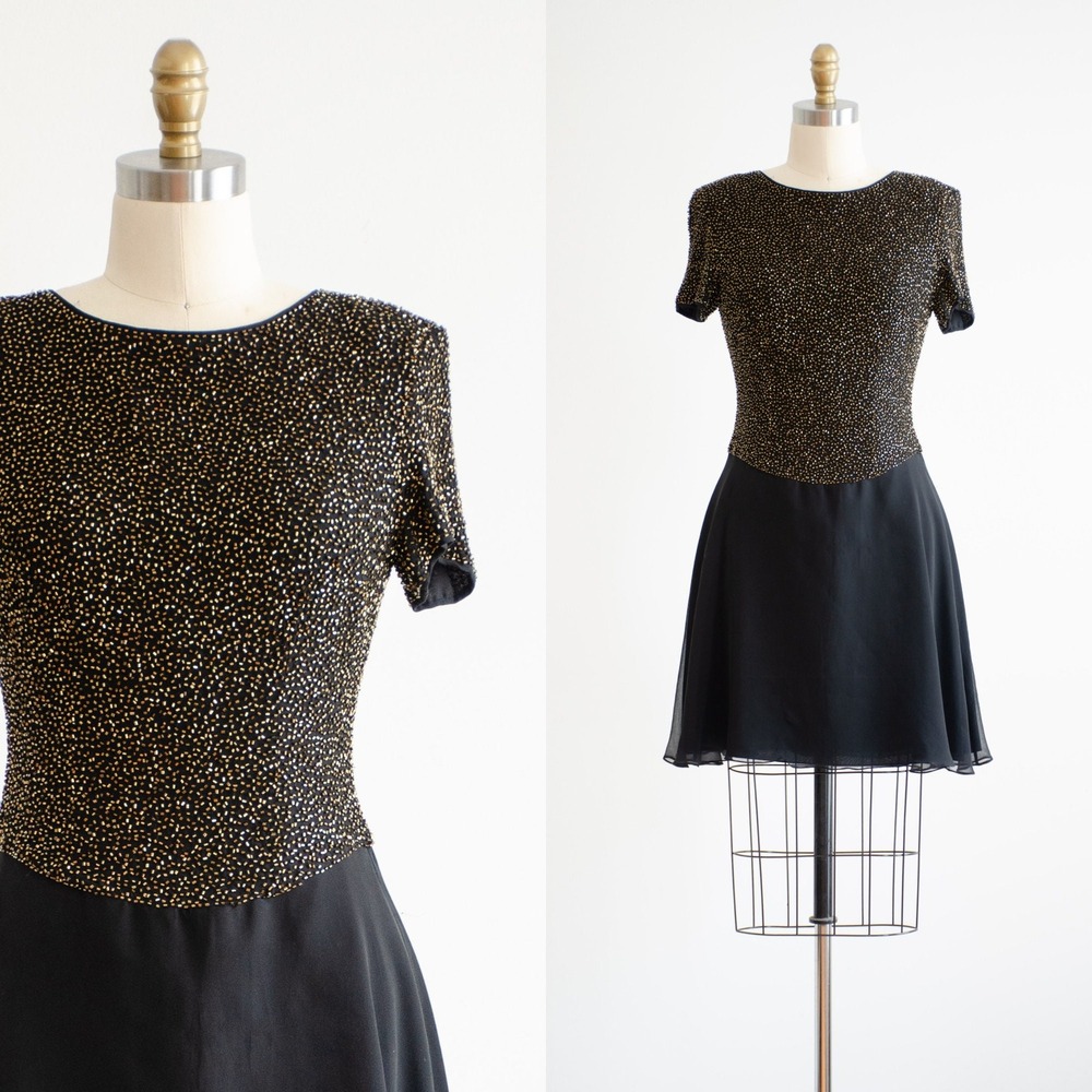 Bieff Basix Mini Dress 90s Vintage Beaded Silk Chiffon XS Black Bronze Cocktail